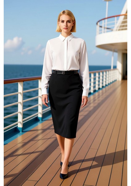 Kadın Yüksek Bel Kalem Midi Etek Çift Kemerli Fonksiyonel Dayanıklı Kaliteli Konforlu Spor