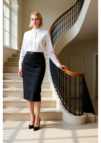 Kadın Yüksek Bel Kalem Midi Etek Çift Kemerli Fonksiyonel Dayanıklı Kaliteli Konforlu Spor fiyatları