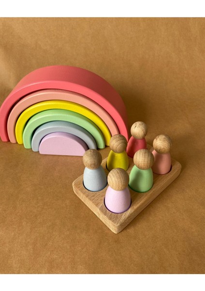 Waldorf 6 Parçalı Gökkuşağı, 6 Lı Peg Bebek Tabla Seti Pastel Renk Eşleştirme