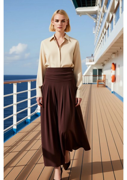 Kadın Maxi Etek Yüksek Bel Pileli Düz Örme %94 Polyester %6 Elastan Fonksiyonel Dayanıklı Şık