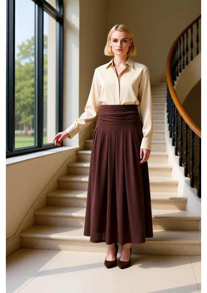 Kadın Maxi Etek Yüksek Bel Pileli Düz Örme %94 Polyester %6 Elastan Fonksiyonel Dayanıklı Şık fiyatları