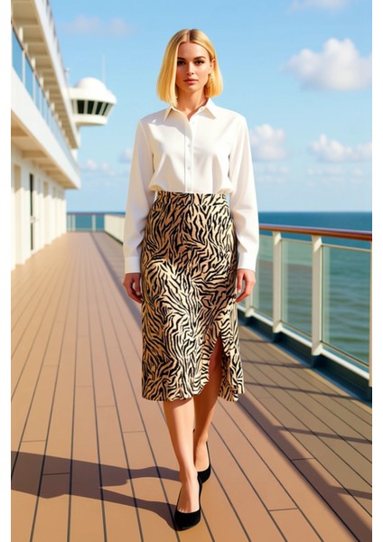 Kadın Yüksek Bel Midi Örme Etek Hayvan Desenli Fonksiyonel Dayanıklı Kaliteli Konforlu Şık
