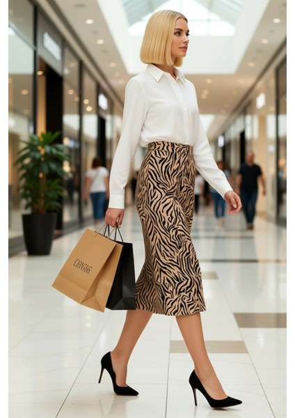 Kadın Yüksek Bel Midi Örme Etek Hayvan Desenli Fonksiyonel Dayanıklı Kaliteli Konforlu Şık modelleri