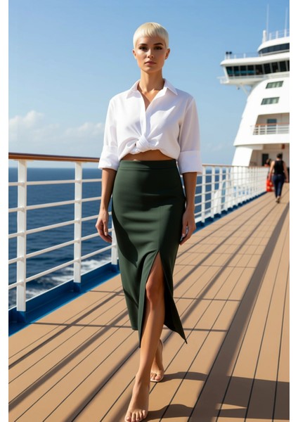 Kadın Yüksek Bel Kalem Yırtmaçlı Örme Etek Fonksiyonel Dayanıklı Kaliteli Konforlu Estetik