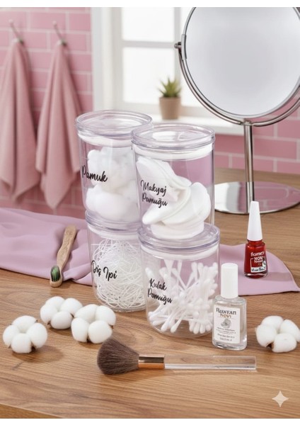 EBA HOME 4'lü Etiketli Akrilik Mika Makyaj Pamuğu & Kulak Pamuğu & Diş Ipi & Pamukluk Saklama Kutusu 400ML