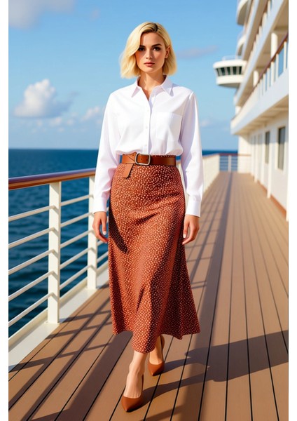 Kadın Puantiye Desenli Maxi Boy Dokuma Etek Yüksek Bel A Kesim Fonksiyonel Dayanıklı Rahat