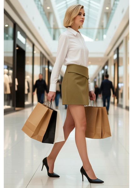 Kadın Düz Dokuma Mini Etek Yüksek Bel Düğme Detaylı Fonksiyonel Dayanıklı Kaliteli Estetik modelleri