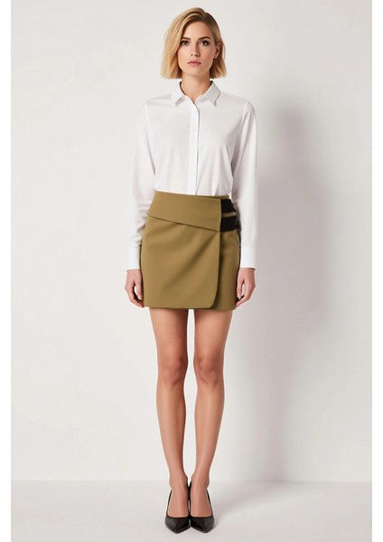 Kadın Düz Dokuma Mini Etek Yüksek Bel Düğme Detaylı Fonksiyonel Dayanıklı Kaliteli Estetik fırsatları