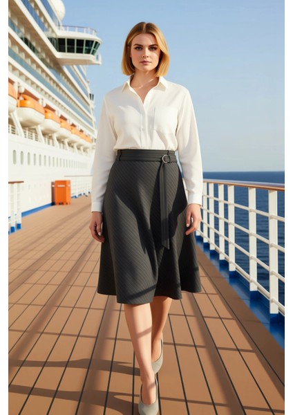 Kadın Midi Kloş Etek Çizgili Dokuma Poliviskon Kalıp Fonksiyonel Dayanıklı Kaliteli Modern