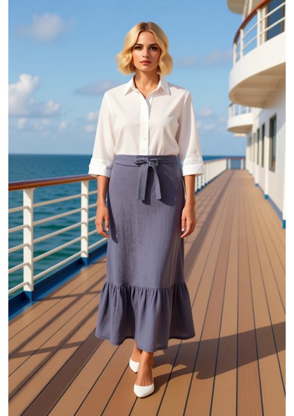 Kadın Maxi Etek Fırfır Detaylı %100 Pamuk A Kesim Düz Desenli Fonksiyonel Dayanıklı Modern