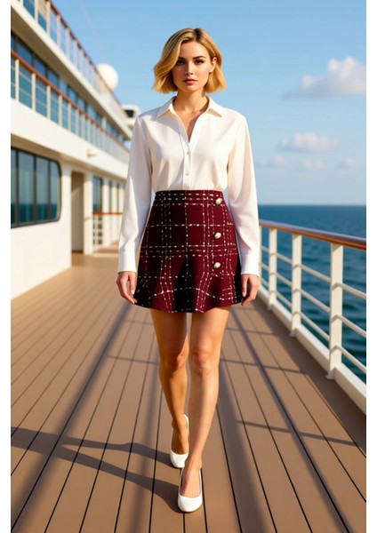 Kadın Yüksek Bel A Line Tüvit Mini Etek Düğmeli Volanlı Fonksiyonel Dayanıklı Kaliteli Şık