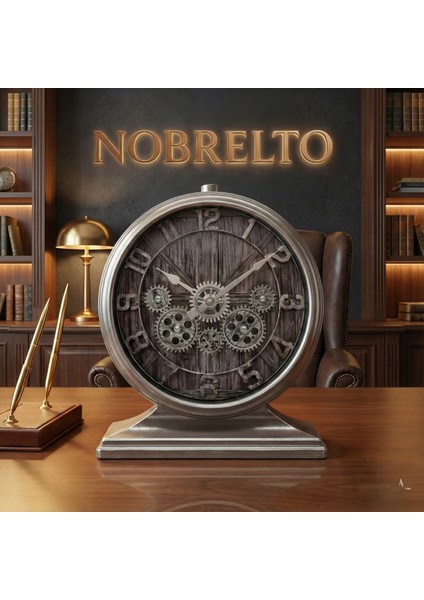 Dekoratif Çarklı Metal Masa Saati - Gümüş Eskitme Premium Ofis ve Salon Aksesuarı
