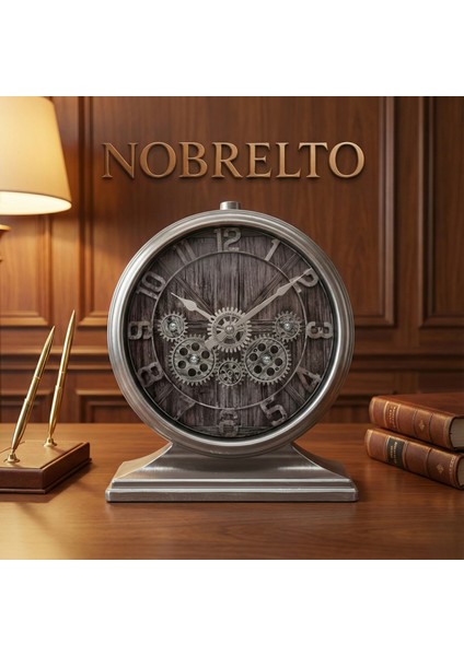 Dekoratif Çarklı Metal Masa Saati - Gümüş Eskitme Premium Ofis ve Salon Aksesuarı fiyatları