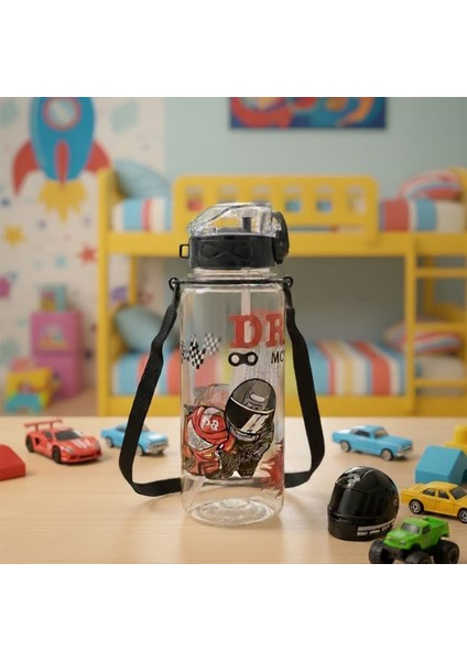 Desenli Otomatik Kapak Pipetli Okul Matarası, Plastik Çocuk Matarası 500 ml