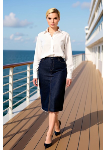 Kadın Yüksek Bel Ön Yırtmaçlı Midi Denim Etek Fonksiyonel Dayanıklı Kaliteli Konforlu Spor