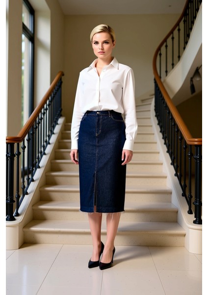 Kadın Yüksek Bel Ön Yırtmaçlı Midi Denim Etek Fonksiyonel Dayanıklı Kaliteli Konforlu Spor fiyatları