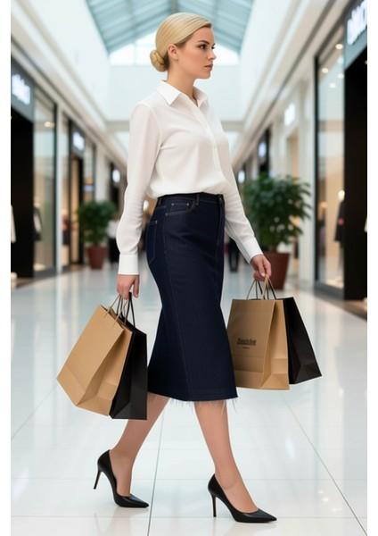 Kadın Yüksek Bel Ön Yırtmaçlı Midi Denim Etek Fonksiyonel Dayanıklı Kaliteli Konforlu Spor modelleri