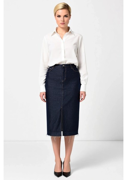 Kadın Yüksek Bel Ön Yırtmaçlı Midi Denim Etek Fonksiyonel Dayanıklı Kaliteli Konforlu Spor fırsatları