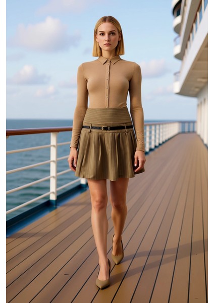 Kadın Çizgili Piliseli Mini Etek Yüksek Bel Kemerli Fonksiyonel Dayanıklı Kaliteli Estetik