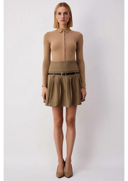 Kadın Çizgili Piliseli Mini Etek Yüksek Bel Kemerli Fonksiyonel Dayanıklı Kaliteli Estetik fırsatları