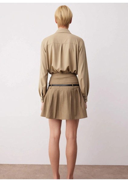 Kadın Çizgili Piliseli Mini Etek Yüksek Bel Kemerli Fonksiyonel Dayanıklı Kaliteli Estetik indirimleri