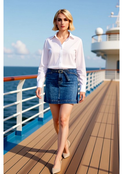 Kadın 100 Pamuk Düz Desen Rigid Dokuma Denim A Line Kalıp Kemer Detaylı Kısa Boy Mini Etek