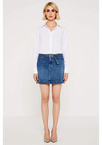 Kadın 100 Pamuk Düz Desen Rigid Dokuma Denim A Line Kalıp Kemer Detaylı Kısa Boy Mini Etek fırsatları