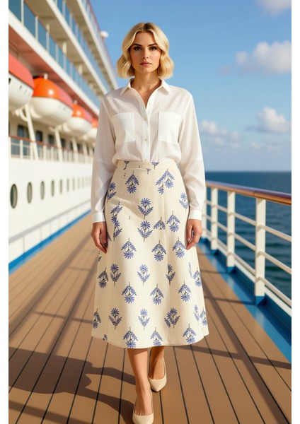 Kadın A Line Midi Etek Yüksek Bel Çiçek Desenli Dokuma %50 Keten %50 Pamuk Fonksiyonel Şık