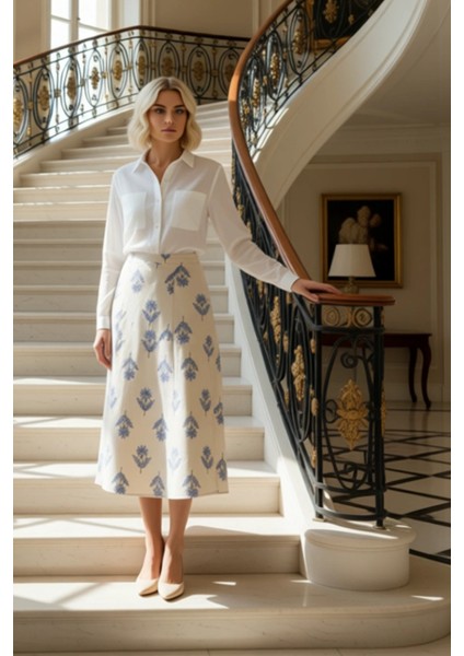 Kadın A Line Midi Etek Yüksek Bel Çiçek Desenli Dokuma %50 Keten %50 Pamuk Fonksiyonel Şık fiyatları