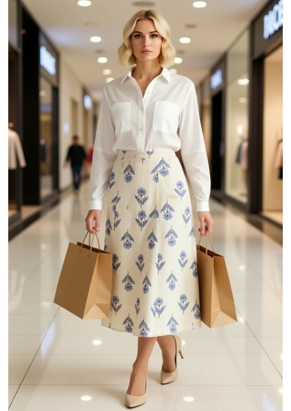 Kadın A Line Midi Etek Yüksek Bel Çiçek Desenli Dokuma %50 Keten %50 Pamuk Fonksiyonel Şık modelleri