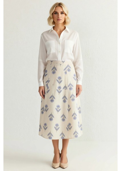 Kadın A Line Midi Etek Yüksek Bel Çiçek Desenli Dokuma %50 Keten %50 Pamuk Fonksiyonel Şık fırsatları