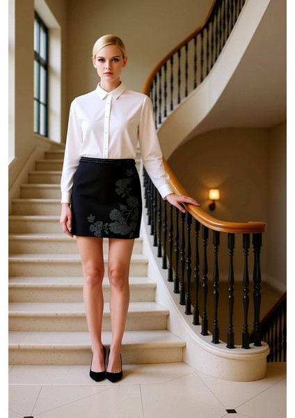 Kadın Mini Etek Düz Dokuma Kalıp Dar %88 Polyester %12 Elastan Taş Detaylı Fonksiyonel Şık fiyatları