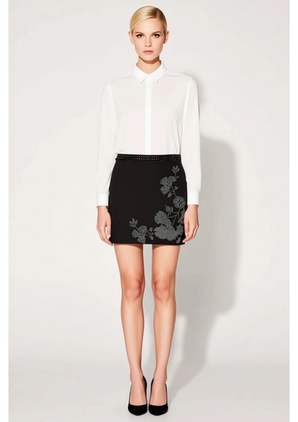 Kadın Mini Etek Düz Dokuma Kalıp Dar %88 Polyester %12 Elastan Taş Detaylı Fonksiyonel Şık fırsatları