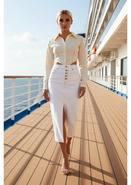 Kadın Düz Yırtmaçlı Midi Denim Etek Normal Bel Kemerli %100 Pamuk Fonksiyonel Dayanıklı Şık