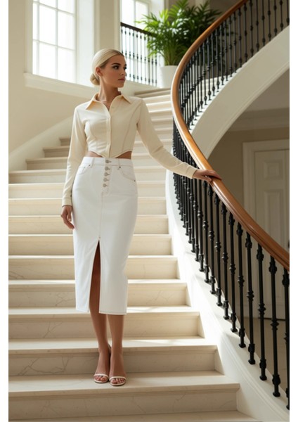 Kadın Düz Yırtmaçlı Midi Denim Etek Normal Bel Kemerli %100 Pamuk Fonksiyonel Dayanıklı Şık fiyatları