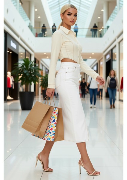 Kadın Düz Yırtmaçlı Midi Denim Etek Normal Bel Kemerli %100 Pamuk Fonksiyonel Dayanıklı Şık modelleri