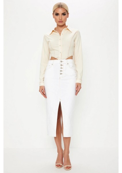 Kadın Düz Yırtmaçlı Midi Denim Etek Normal Bel Kemerli %100 Pamuk Fonksiyonel Dayanıklı Şık fırsatları