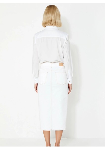 Kadın Düz Yırtmaçlı Midi Denim Etek Normal Bel Kemerli %100 Pamuk Fonksiyonel Dayanıklı Şık indirimleri