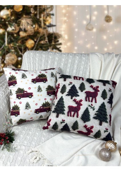 2li Kırlent Kılıfı Seti 43X43 cm Fermuarlı Çift Taraflı Dijital Baskı Yılbaşı Yeni Yıl Noel Konsepti New Year Christmas Fifty Home