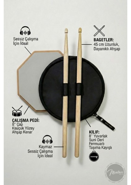 Bateri Davul Drum Pratice Pratik Calişma Pedi Pad Gri ( 1 Çift Baget + Kılıf )