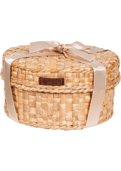 %100 El Yapımı Doğal Kapaklı Hasır Sepet | 21 cm Çap × 12 cm Yükseklik | Dekoratif Organizer & Yılbaşı Hediyelik | Çok Amaçlı Saklama Sepeti