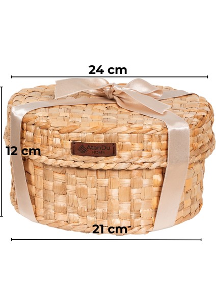%100 El Yapımı Doğal Kapaklı Hasır Sepet | 21 cm Çap × 12 cm Yükseklik | Dekoratif Organizer & Yılbaşı Hediyelik | Çok Amaçlı Saklama Sepeti