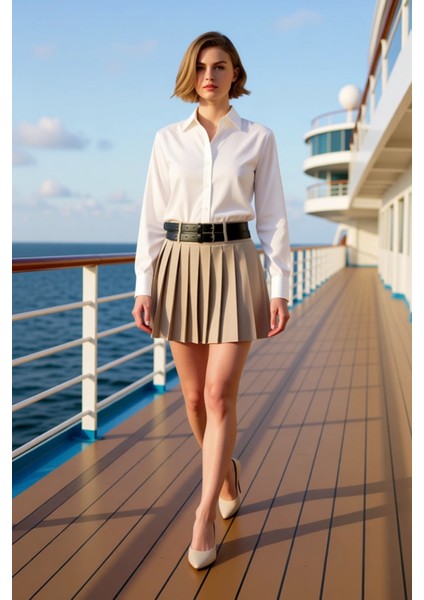 Kadın Piliseli Mini Etek Çift Kemerli Dar Kalıp Fonksiyonel Dayanıklı Kaliteli Konforlu Şık