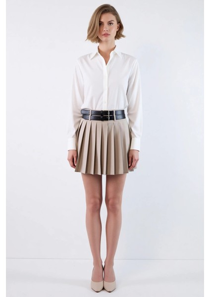 Kadın Piliseli Mini Etek Çift Kemerli Dar Kalıp Fonksiyonel Dayanıklı Kaliteli Konforlu Şık fırsatları