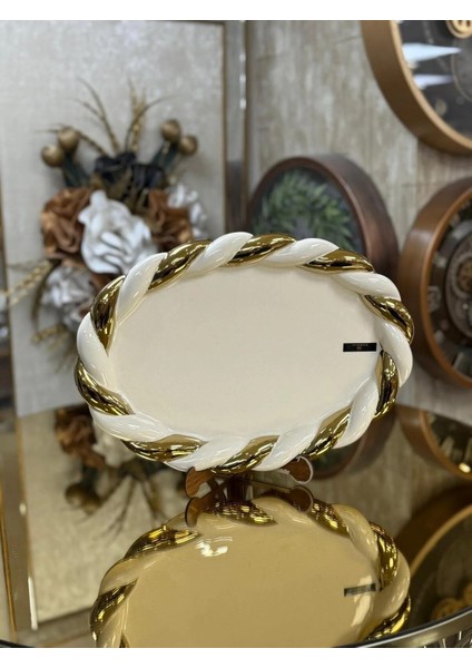 Porselen Burgulu Gold ve Krem Sunum & Servis Tabağı & Dekoratif Sunumluk