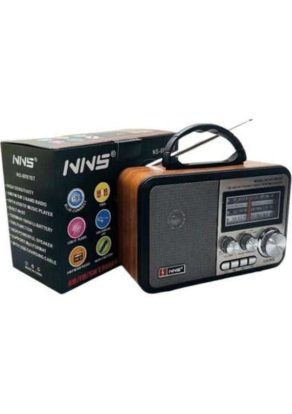 Orta Boy Retro, Nostaljik, Ahşap Tasarım Bluetooth Hoparlörlü, Şarjlı, Taşınabilir Fm/am Destekli Radyo NS-8897