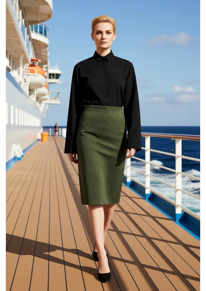 Kadın Yüksek Bel Kalem Midi Etek Yırtmaçlı Örme Kumaş Fonksiyonel Dayanıklı Kaliteli Rahat