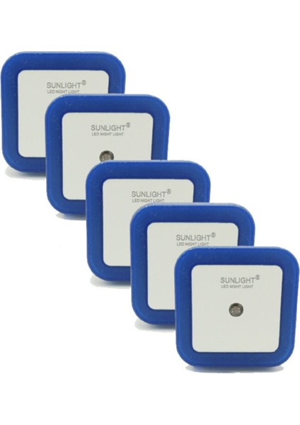 Kare LED Gece Lambası 0,5W Işıklı Fişli Fotosel Sensörlü 5 Adet Mavi