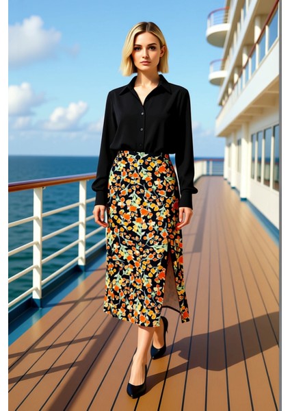 Kadın Midi Etek Yırtmaçlı A Line Kalıp %100 Viskoz Fonksiyonel Dayanıklı Kaliteli Konforlu