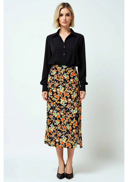 Kadın Midi Etek Yırtmaçlı A Line Kalıp %100 Viskoz Fonksiyonel Dayanıklı Kaliteli Konforlu fırsatları